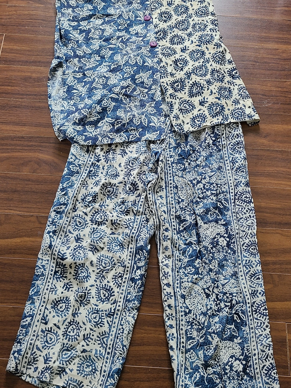 Vintage Blue Floral Print Wide-Leg Pants And Top Matching Set